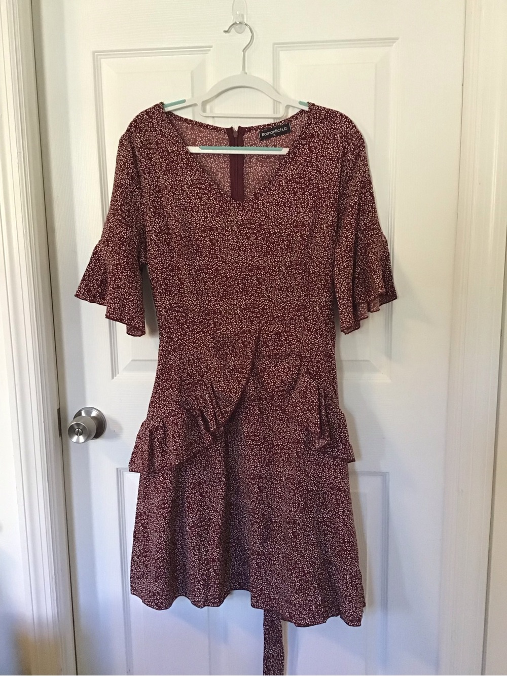 Women’s Burgundy Floral Midi Dress with Ruffle Hem